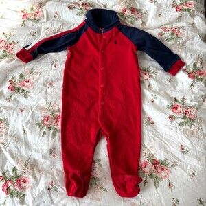 Ralph Lauren Baby Boy Shawl-Collar Cotton Coverall Bodysuit Red Blue 6M Pony